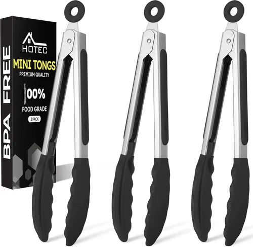 Hotec Pinzas de cocina de silicona para cocinar, pinzas pequeñas de 7 pulgadas con puntas de silicona, juego de 3 (negro)