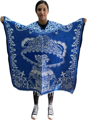 Azul y blanco, Poncho Catrina, Poncho CALENDARIO Azteca, Poncho tradicional, Hecho en México, Día de la Muerte, Unisex, Talla única, Dia DE Muertos,