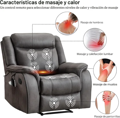 Miniatura 3 de Silla reclinable de masaje con calor, sillas reclinables de piel sintética para adultos, 39 pulgadas de ancho, silla de descanso ergonómica Gris