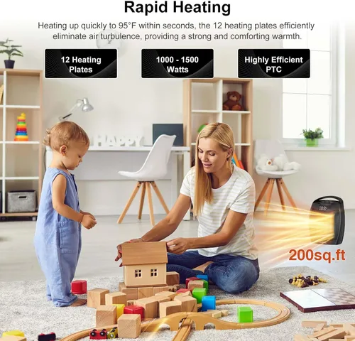 Miniatura 5 de Calentador portátil de cerámica de 1500 W, calentamiento rápido, pantalla digital con controles táctiles, mango integrado, protección contra