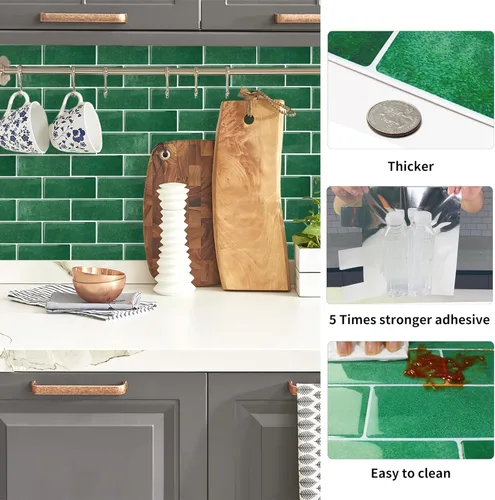 Miniatura 6 de Azulejos de metro verde pavo real de 10 hojas para despegar y pegar, azulejos autoadhesivos 3D para cocina, baño, azulejos de mosaico adhesivo de 12