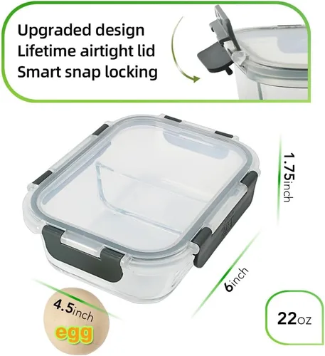 Miniatura 2 de Contenedores de preparación de comidas, 2 compartimentos con cuencos de vidrio con tapas, recipientes de almacenamiento de alimentos, recipientes