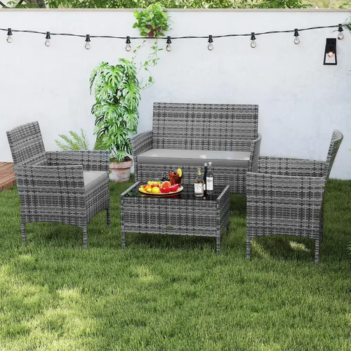 Miniatura 9 de RELAX4LIFE Juego de muebles de patio de 4 piezas – Juego de muebles de ratán para conversación al aire libre con cojines, mesa de centro de cristal