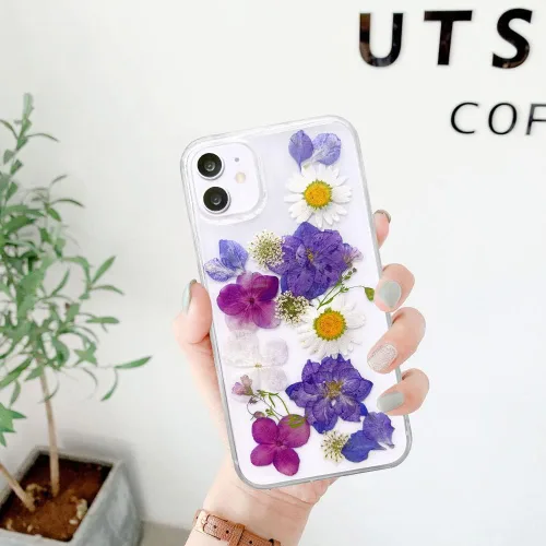 Miniatura 7 de Abbery Funda transparente para iPhone 11 con diseño de flores moradas, bonita funda protectora de silicona suave TPU real seca prensada floral