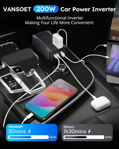 Miniatura 5 de Inversor de corriente de 200W para automóvil, DC 12V a 110V AC, convertidor con [PD 30W y 15W] USB C de carga rápida/3.0A, puertos de carga USB