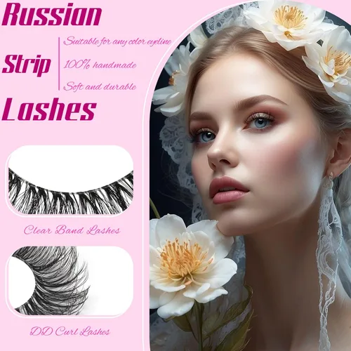 Miniatura 2 de Veleasha Pestañas rusas postizas con banda transparente que parecen extensiones de pestañas, tiras de pestañas con curvatura D, paquete de 10 pares