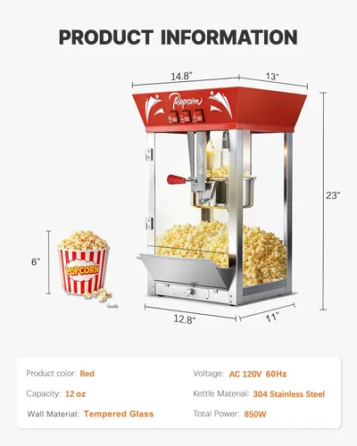 Miniatura 8 de Máquina comercial de palomitas de maíz de 12 onzas, 850 W, máquina de palomitas de maíz de cine, máquina de maíz de mesa roja con control de 3 Rojo