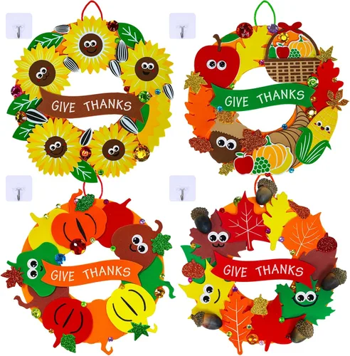 Winlyn 12 juegos de carteles de corona de Acción de Gracias, decoraciones de arte, kits de manualidades de otoño, girasoles de espuma, hojas de