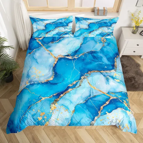 Miniatura 11 de Erosebridal Juego de ropa de cama de mármol líquido azul aguamarina, funda de edredón con estampado de mármol con patrón de mármol abstracto, juego