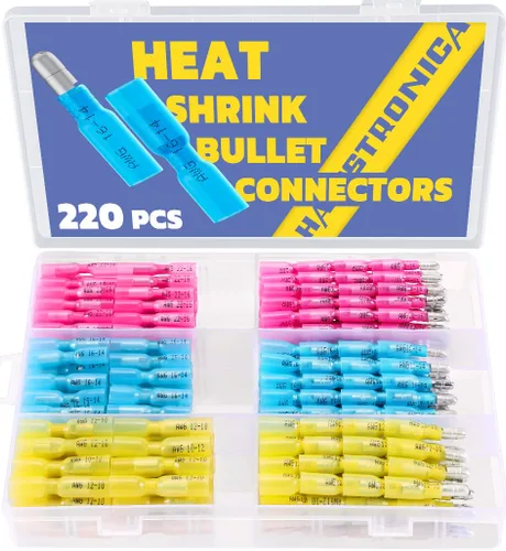 Miniatura 7 de haisstronica 220 piezas de conectores de bala termorretráctiles AWG22-10 macho y hembra terminales de bala de alambre azul, rojo y amarillo, kit