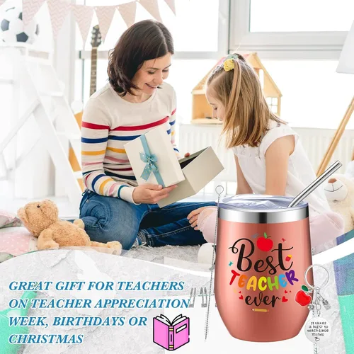 Miniatura 4 de Nuanchu Juego de 12 vasos de vino de acero inoxidable con tapas y popotes, regalos de agradecimiento para profesores, regalos de Navidad, 12 onzas