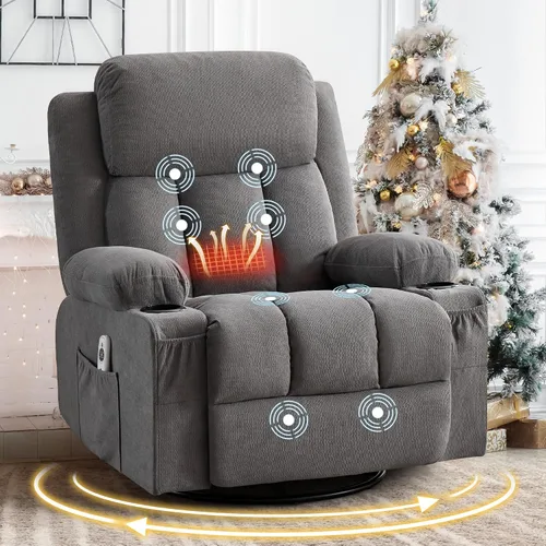 Miniatura 11 de Silla reclinable giratoria con masaje por vibración y calor, reclinable de 150° y balanceo suave, capacidad de 350 libras con bolsillo lateral