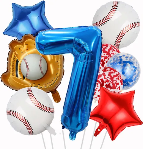 Globos de béisbol de papel de aluminio para decoración de cumpleaños, globos con el número 7, globos de confeti de estrella roja y azul para Béisbol