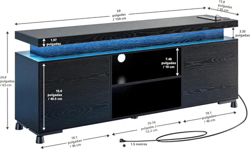 Miniatura 2 de IRONCK Soporte de TV para TV de 65 pulgadas, consola de TV con luces LED y toma de corriente, centro de entretenimiento con armarios y estantes
