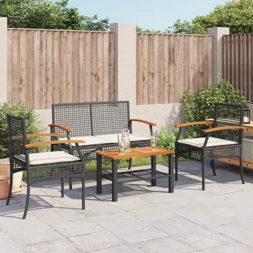 Miniatura 3 de Ensemble Salon de Jardin Noir et Crème 4 Places avec Coussins, Table Banc en Rotin Synthétique Résistant aux UV Pour Terrasse, Balcon, Jardin