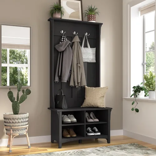 Miniatura 2 de Bush Furniture Salinas Árbol de salón con banco de almacenamiento de zapatos en color blanco antiguo, organizador multiusos para el hogar, solución