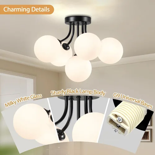 Miniatura 5 de Lámpara de techo Sputnik negra montaje semiempotrado lámpara de techo de 5 luces con globo blanco lechoso moderna lámpara de araña Sputnik