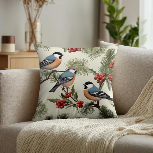 Miniatura 2 de Fundas de almohada con diseño de pinos y pájaros, bayas rojas, hojas de acebo, fondo beige, funda de cojín de mezcla digital, funda de almohada