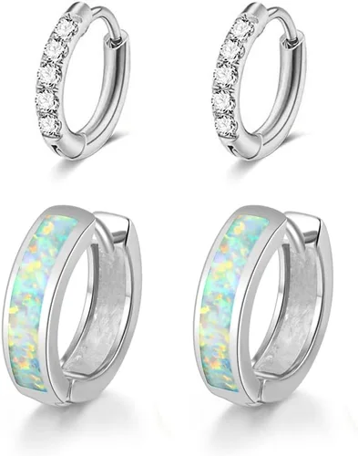 Miniatura 190 de CiNily Aretes Huggie de ópalo con bisagras, chapados en oro, hipoalergénicos, pequeños aretes de aro para mujeres, adolescentes, niñas, hombres