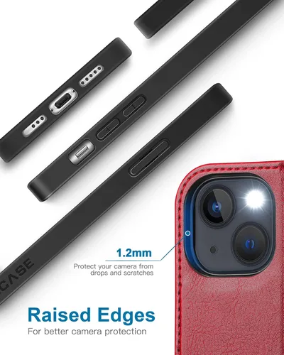 Miniatura 5 de OCASE Funda tipo cartera compatible con iPhone 13, funda tipo folio con tapa de piel sintética, con tarjetero, bloqueo RFID, soporte