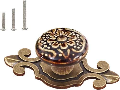 Miniatura 14 de HUAMULAN Paquete de 10 pomos de cerámica retro vintage para aparador, cocina, pétalos, tiradores de armario, cajón, base negra, placa trasera