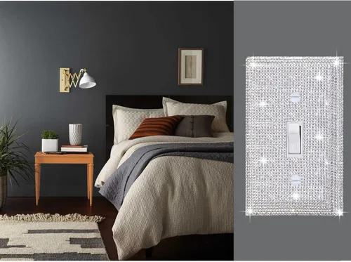 Miniatura 5 de 4 piezas de placa de pared plateada con diamantes de imitación brillantes, cubierta decorativa de interruptor de luz de una llave, cubiertas
