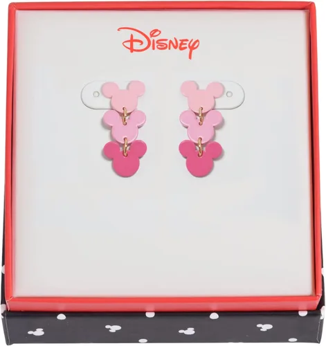 Miniatura 4 de Disney Aretes colgantes lineales de Mickey Mouse para mujeres y niñas, un par en caja de regalo de joyería auténtica con 3 dijes colgantes