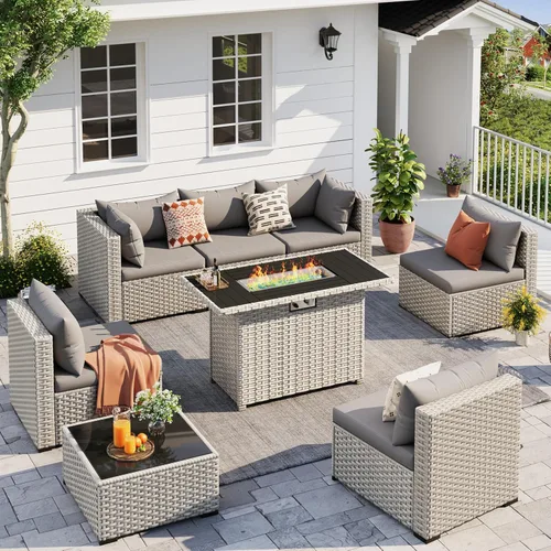 Miniatura 10 de UDPATIO Juego de muebles de patio al aire libre, sofá modular de 7 piezas con mesa de té, juego de conversación al aire libre de mimbre PE para Azul
