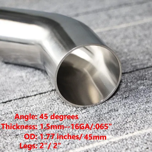 Miniatura 4 de Codo de Acero Inoxidable de 1.77" con Curvatura Mandril de 45° - Pared 16GA/.065" - Patas 2" - Codo de Acero Inoxidable SS304 para Escape Modificado