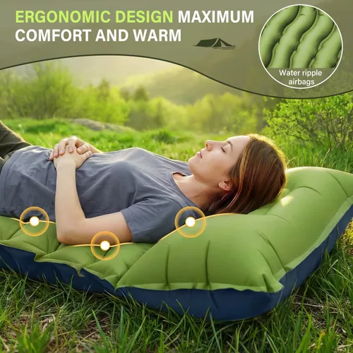 Miniatura 3 de FUN PAC Colchoneta de dormir para camping, ultraligera con almohada, bomba de pie integrada, almohadillas inflables compactas para acampar, Verde