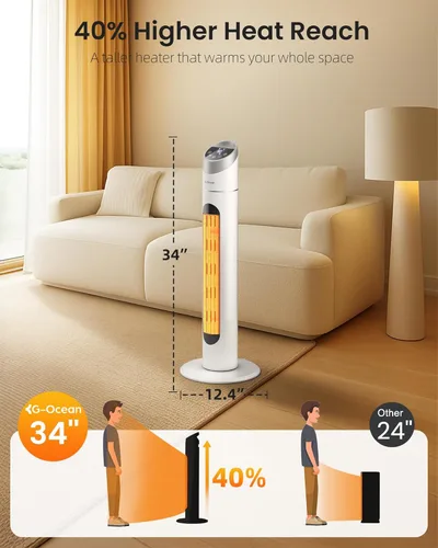 Miniatura 2 de Calentador de espacio para uso en interiores, calentador de espacio de 34 pulgadas para habitaciones grandes, calentador de torre de 1500 W