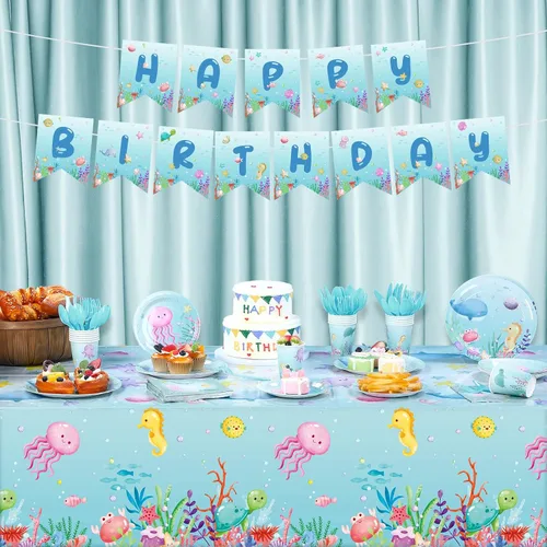 Miniatura 5 de Capoda 172 piezas temáticas oceánicas decoraciones de fiesta de cumpleaños subacuáticas suministros de fiesta para 24 incluye platos, servilletas