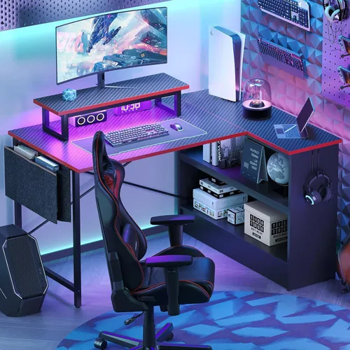 Miniatura 5 de Bestier Escritorio para juegos en forma de L con estantes de almacenamiento, escritorio de esquina reversible de 42 pulgadas con luces LED, mesa