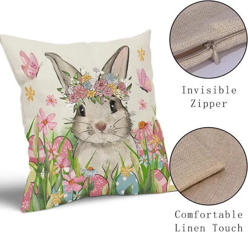Miniatura 4 de Juego de 2 fundas de almohada de Pascua de 18 x 18 pulgadas, diseño de huevos de conejo, conejo, acuarela, rosa, azul, floral, con temática