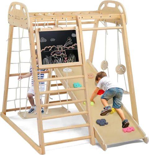 Miniatura 10 de JOYMOR Arco de escalador triangular Pikler 5 en 1 con cojín, mesa sensorial para niños, juguetes de escalada en madera montessori para niños