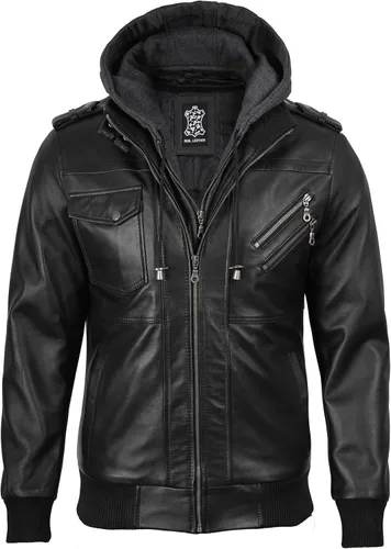 Miniatura 5 de Blingsoul Chaqueta de cuero para hombre Chaquetas de cuero negras con capucha desmontable para hombres