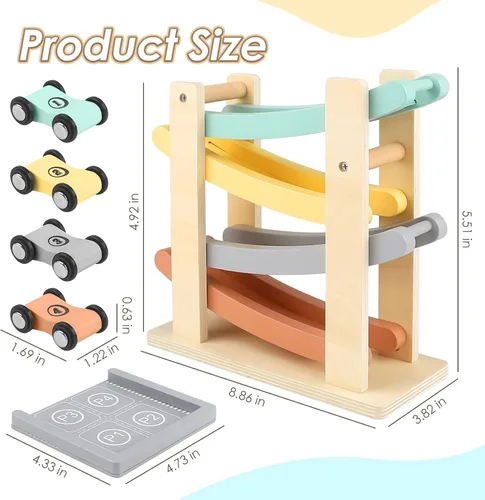 Miniatura 2 de Joyreal Montessori - Juguetes para niños de 1 a 2 años – 4 niveles de madera de juguete de carreras de coches con 4 mini autos y garajes – Regalos