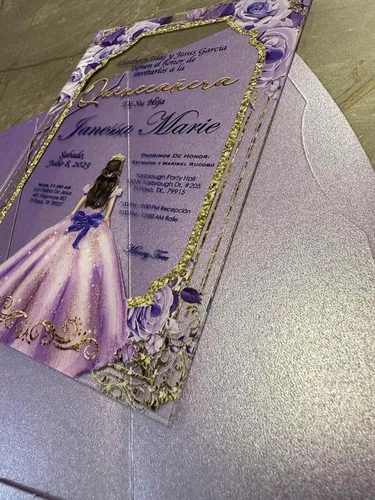 Miniatura 4 de Avior Invitación de quinceañera lila vestido de cristal acrílico, rosa Mis membrillo, dulce 15, dulce 16, diseño floral, diseño español membrillo