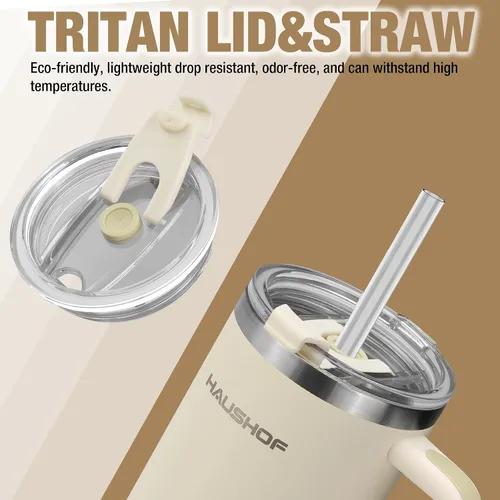Miniatura 7 de HAUSHOF Vaso de 40 onzas con asa y pajita, vaso de café aislado de acero inoxidable con tapa Tritan, taza de viaje de doble pared, botella de agua
