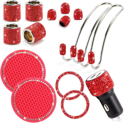 Miniatura 15 de ToBeQueen Juego de accesorios de automóvil con brillos para mujer y niña, collares para reposacabezas de automóvil con brillos, cargador