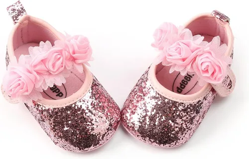 Miniatura 128 de RVROVIC Mocasines de princesa para bebé, zapatos brillantes de Mary Jane, zapatos de cuna de suela suave y ligera de primera calidad, zapatos