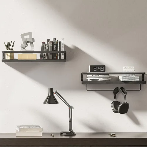 Miniatura 6 de Estantes de baño con toallero, estantes flotantes para baño, cocina, dormitorio, madera de paulownia, marco de metal negro mate, juego de 2