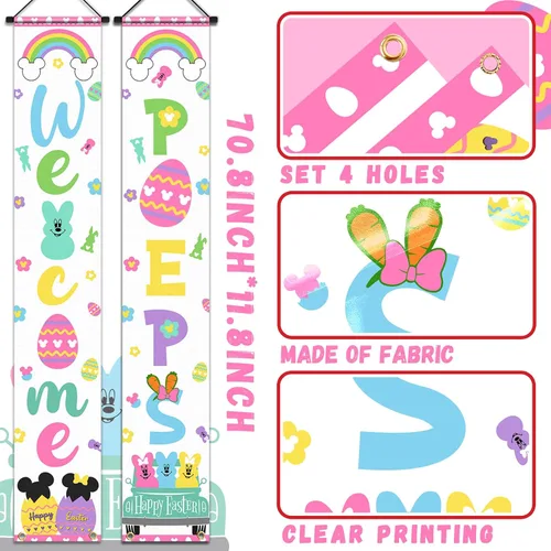 Miniatura 6 de Letrero Banner de Bienvenida de Conejito para Porche, 2 piezas Decoración de Puerta de Pascua Feliz, Tema de Ratón Letrero de Bienvenida para Puerta