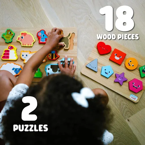 Miniatura 2 de Chuckle & Roar Rompecabezas de madera para niños pequeños, paquete de 2, 8 piezas y 10 piezas, a partir de 3 años, formas y animales, aprendizaje