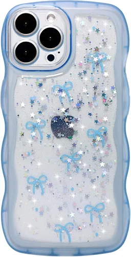 Miniatura 47 de Qokey Funda para iPhone 12 Pro Max de 6.7 pulgadas, diseño de onda rizada, borde transparente, brillante con purpurina, estrella brillante, bonita