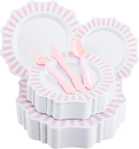 Miniatura 9 de COLOSUS Juego de cubiertos dorados desechables de 350 piezas de plástico blanco para fiesta: 50 platos de cena, 50 platos de postre, 50 servilletas