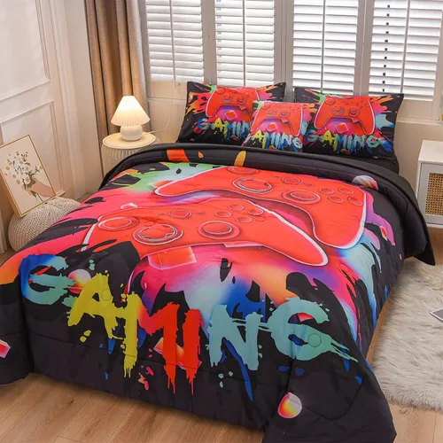 Miniatura 5 de Aimuan - Juego de ropa de cama para jugadores, conjuntos de edredón 3D con mando de juego para niños, botones de acción, controlador de juego Negro