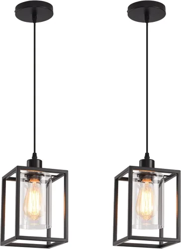 Miniatura 10 de Luces colgantes negras para isla de cocina, lámpara colgante de farol industrial con pantalla de vidrio transparente, iluminación colgante de altura