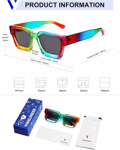 Miniatura 94 de VANLINKER Gafas de sol cuadradas gruesas para hombres y mujeres, retro, rectangulares, con protección UV400, VL9731