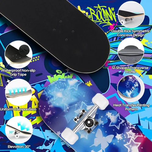 Miniatura 5 de Patinetas para principiantes, adultos, jóvenes, adolescentes, niños o niñas, de 31 x 8 pulgadas, patinetas completas de 7 capas de madera de arce